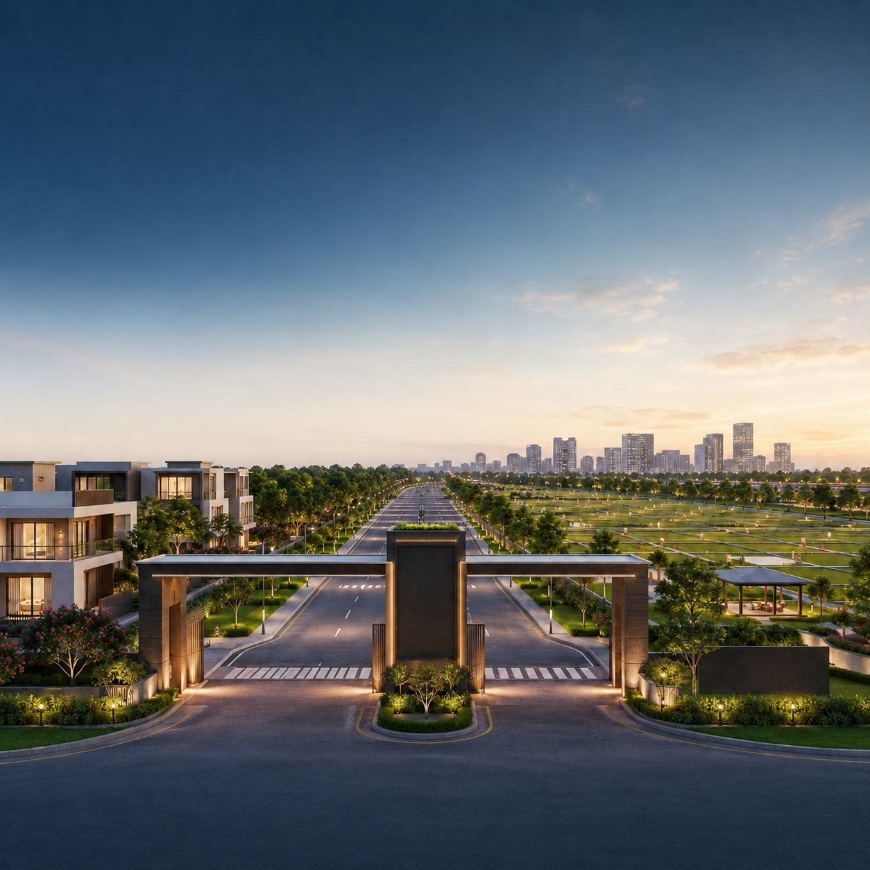 Dholera gated development entrance at dusk