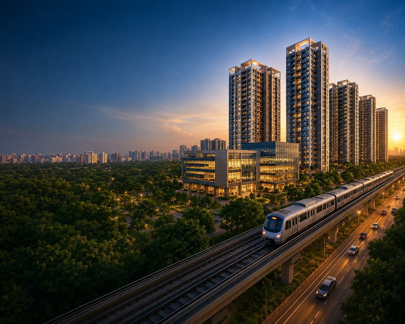 Rohini expansion belt with metro connectivity at dusk